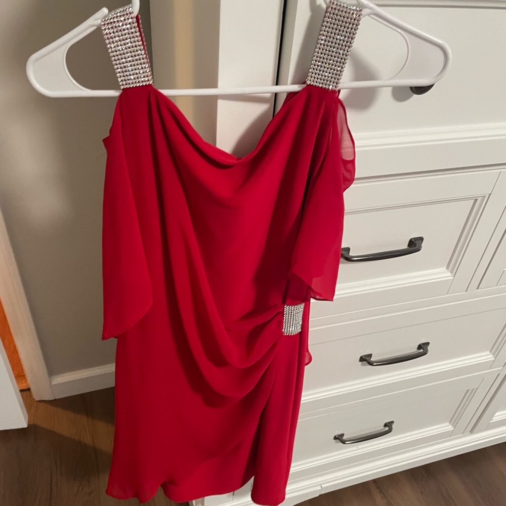 MSK red off the shoulder dress with gem accents and straps.